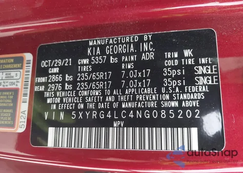 2022 Kia Sorento Lx из США, поврежденный, VIN 5XYRG4LC4NG085202